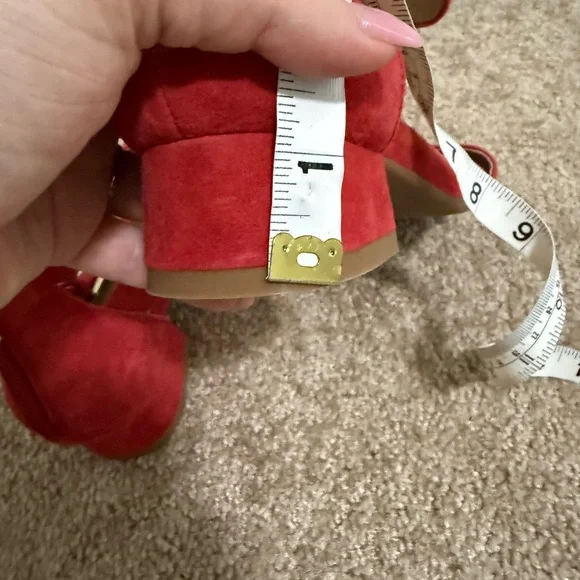 Bettye Muller Red Suede Sandals | Block Heel w/ Double Buckle & Zip | 1.5” Heel - Picture 3 of 9